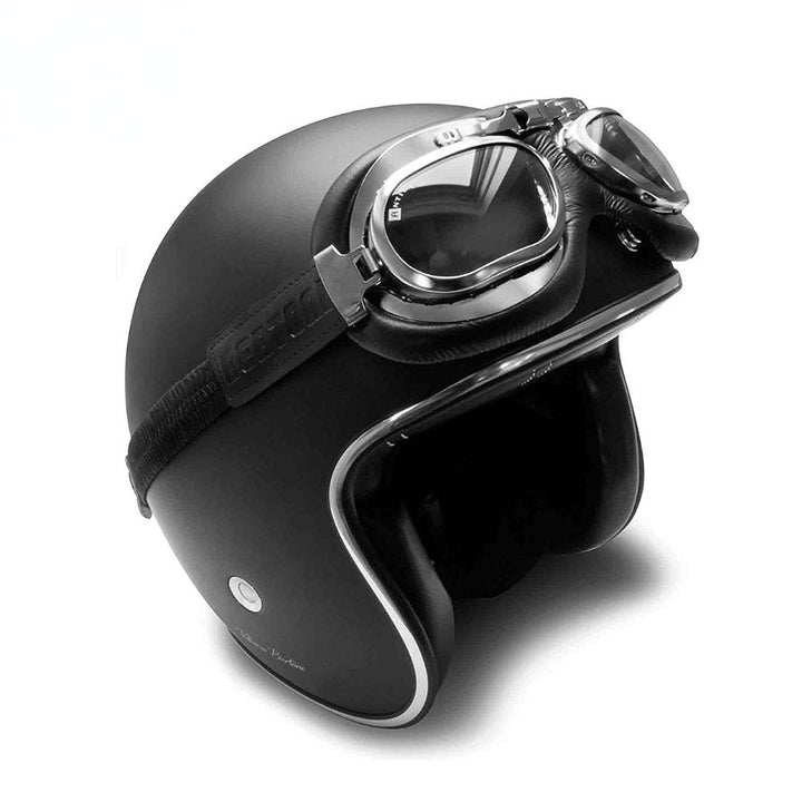     Cafe-Racer-Bertoni-Motorcycle-Goggles-black-framesmoked-lens-on-retro-motorcycle-helmet