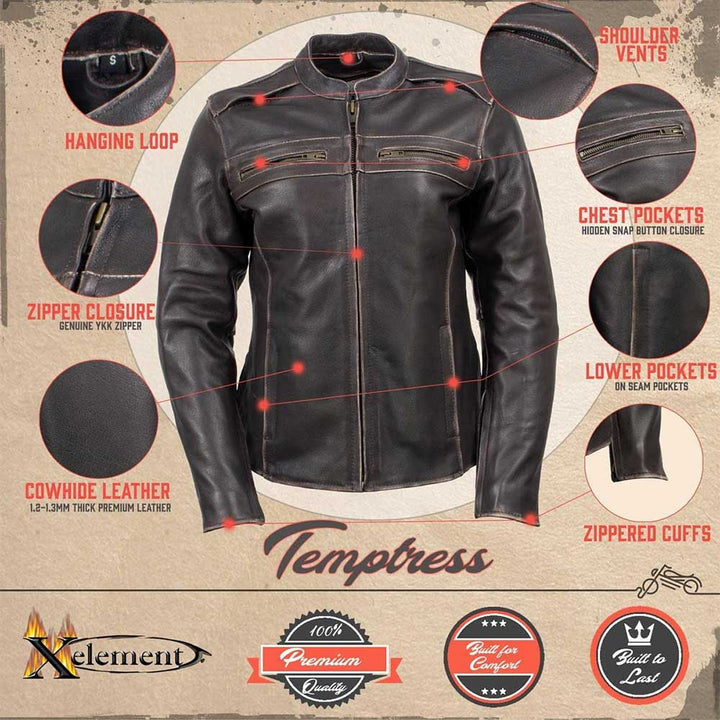 XS2002 Womens Brown Leather armored Motorcycle Jacket