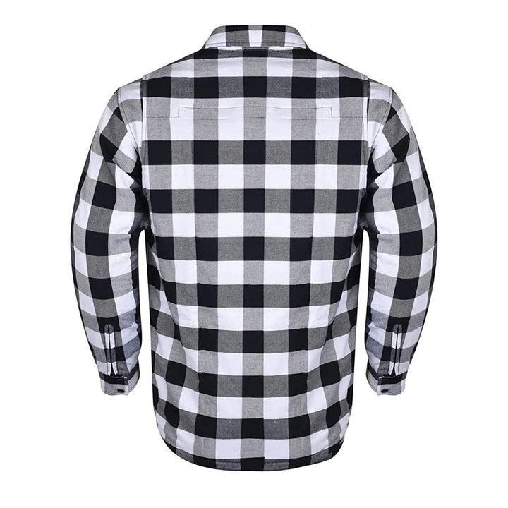 Biker Retro - Armored black and white Checkered Motorcycle Flannel Jacket back view