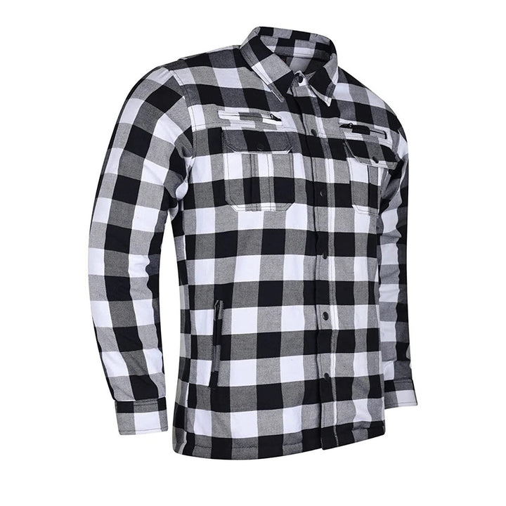 Biker Retro - Armored black and white Checkered Motorcycle Flannel Jacket perspective view