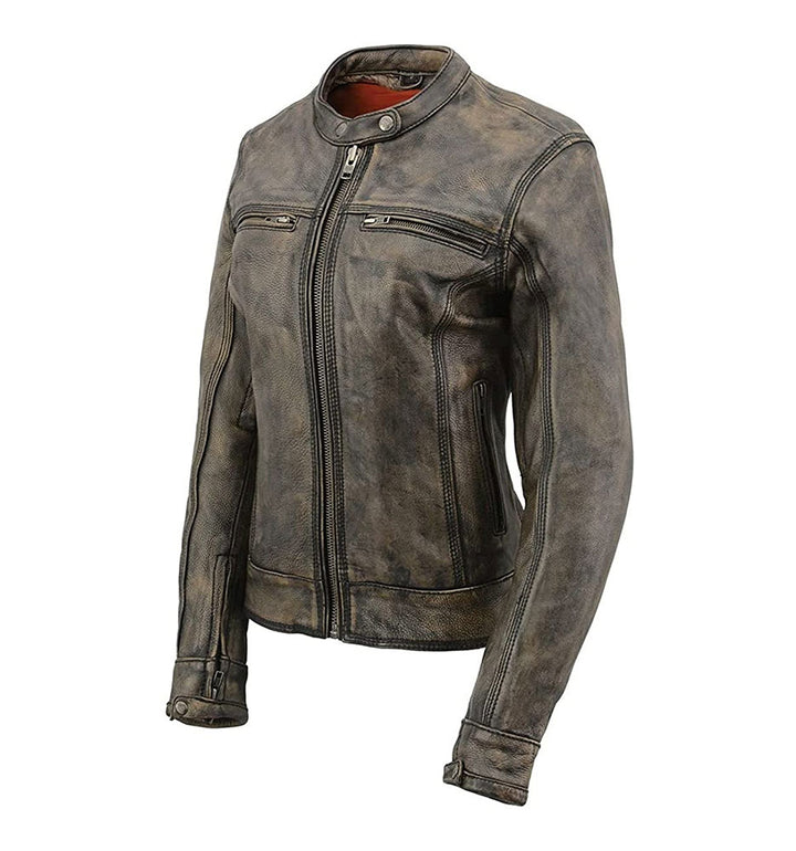 1960's Cafe Racer Jacket - Womens Brown Distressed Leather Motorcycle Jacket front view 