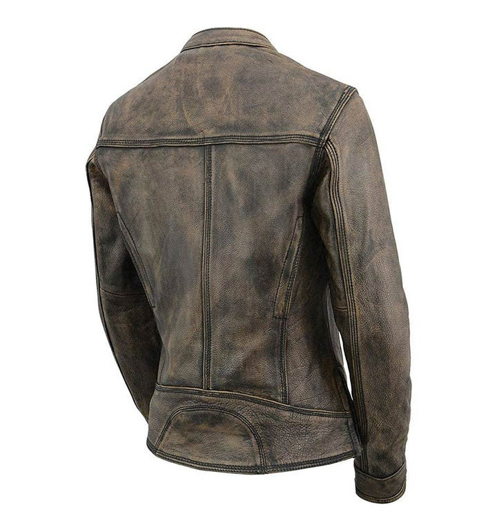 1960's Cafe Racer Jacket - Womens Distressed Leather Motorcycle Jacket back view - brown